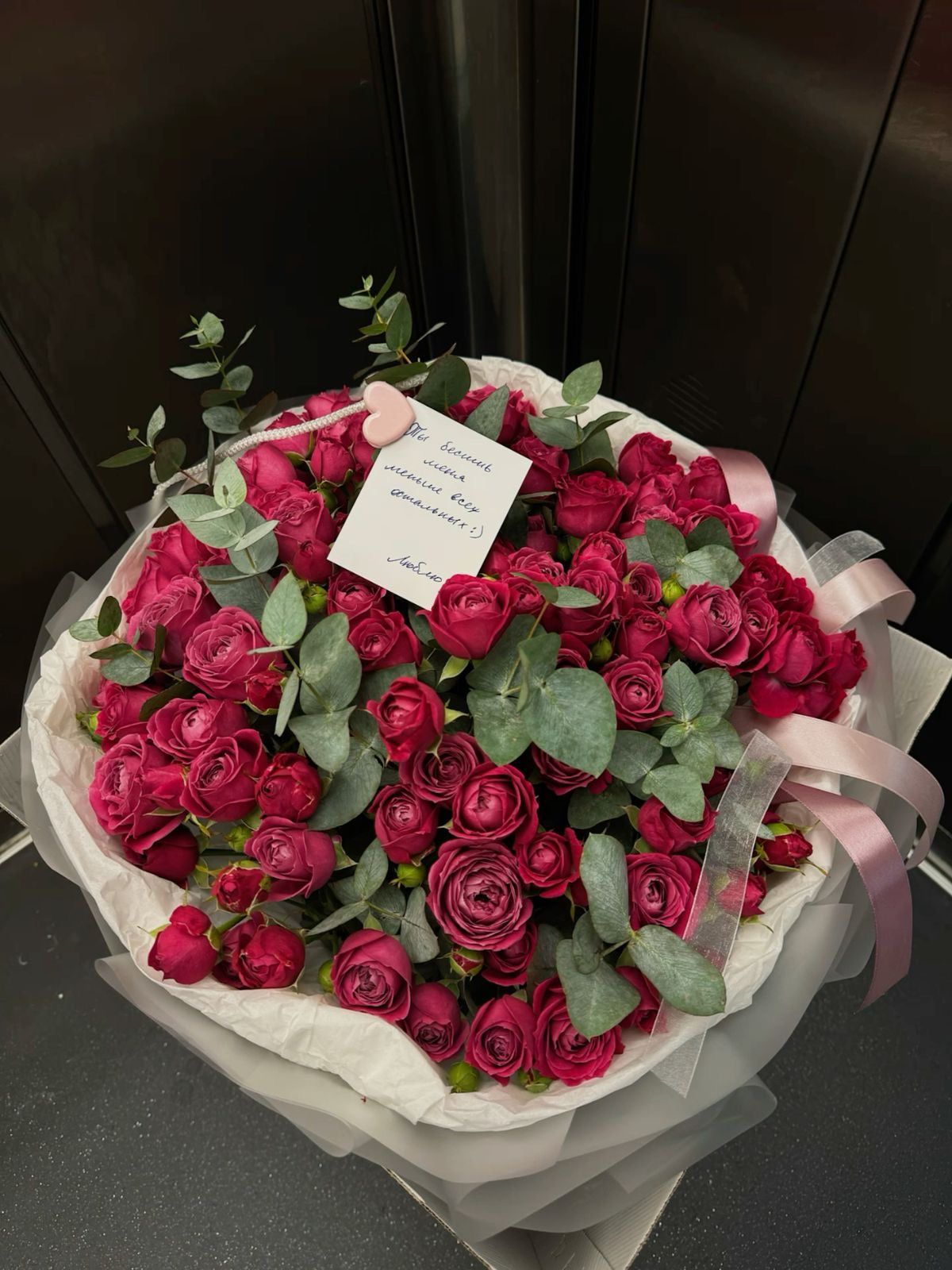 Amazing dark red bouquet  with Eucalyptus