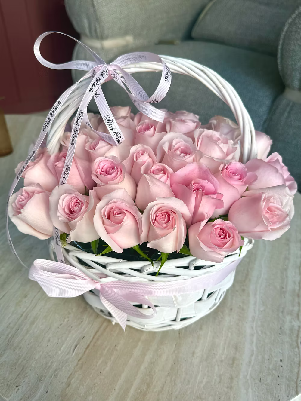 35 Light pink roses basket